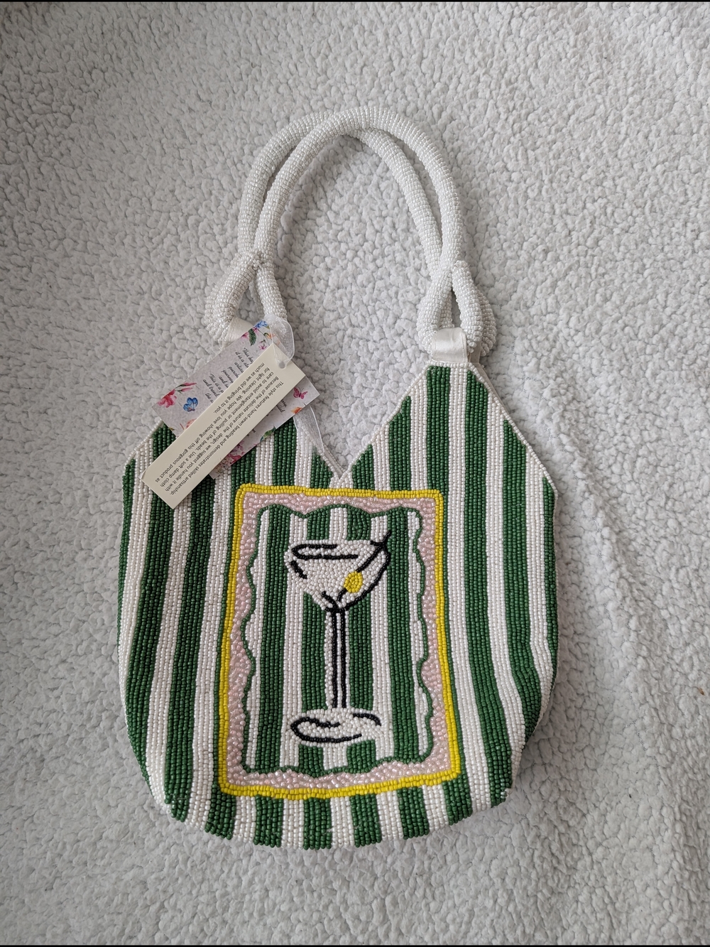 NWT Beaded Martini Glass Green & White Striped Cocktail Tote